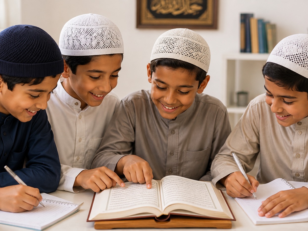 Four young students in kufi caps smiling together while reading the Qur'an during a lesson