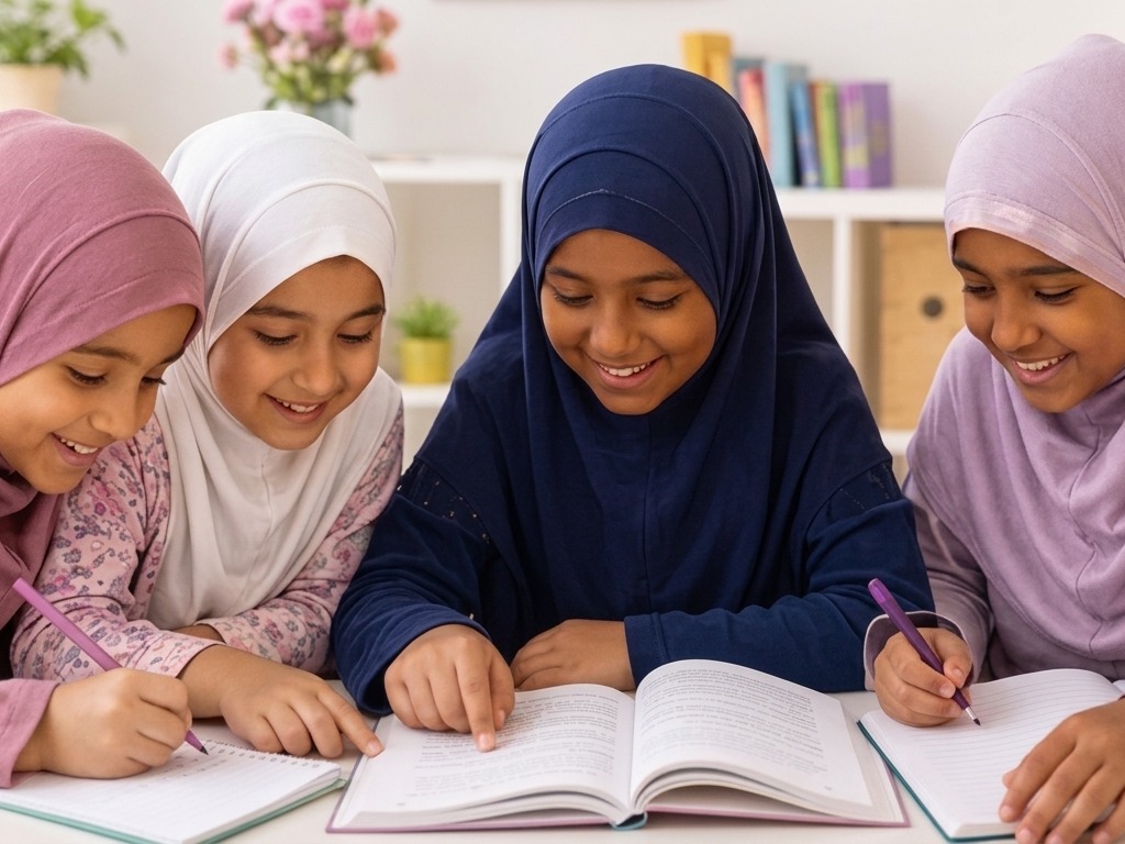 Four young students in hijab smiling together while writing in their notebooks during a lesson